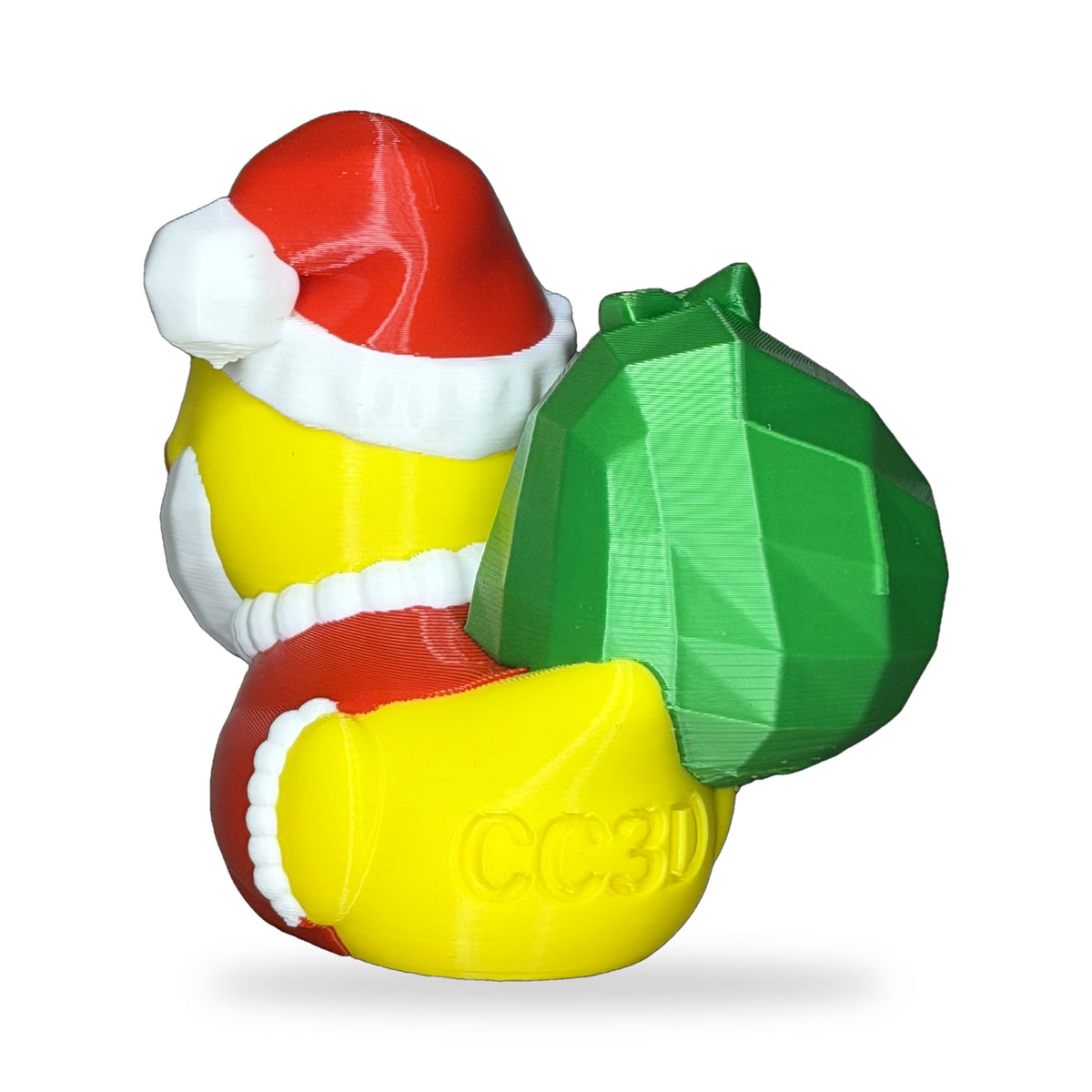 Back of the Santa Duck showing the green gift sack and CC3D engraved on the tail