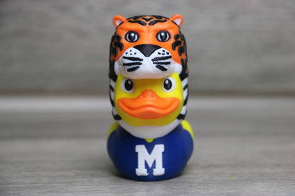 University of Memphis duck front view in tiger costume with navy blue jersey