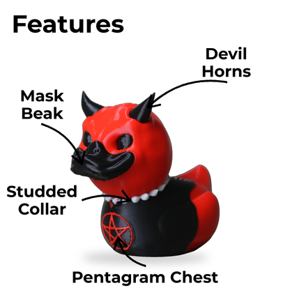 Devil Duck features: devil horns, black mask beak, studded collar, pentagram chest