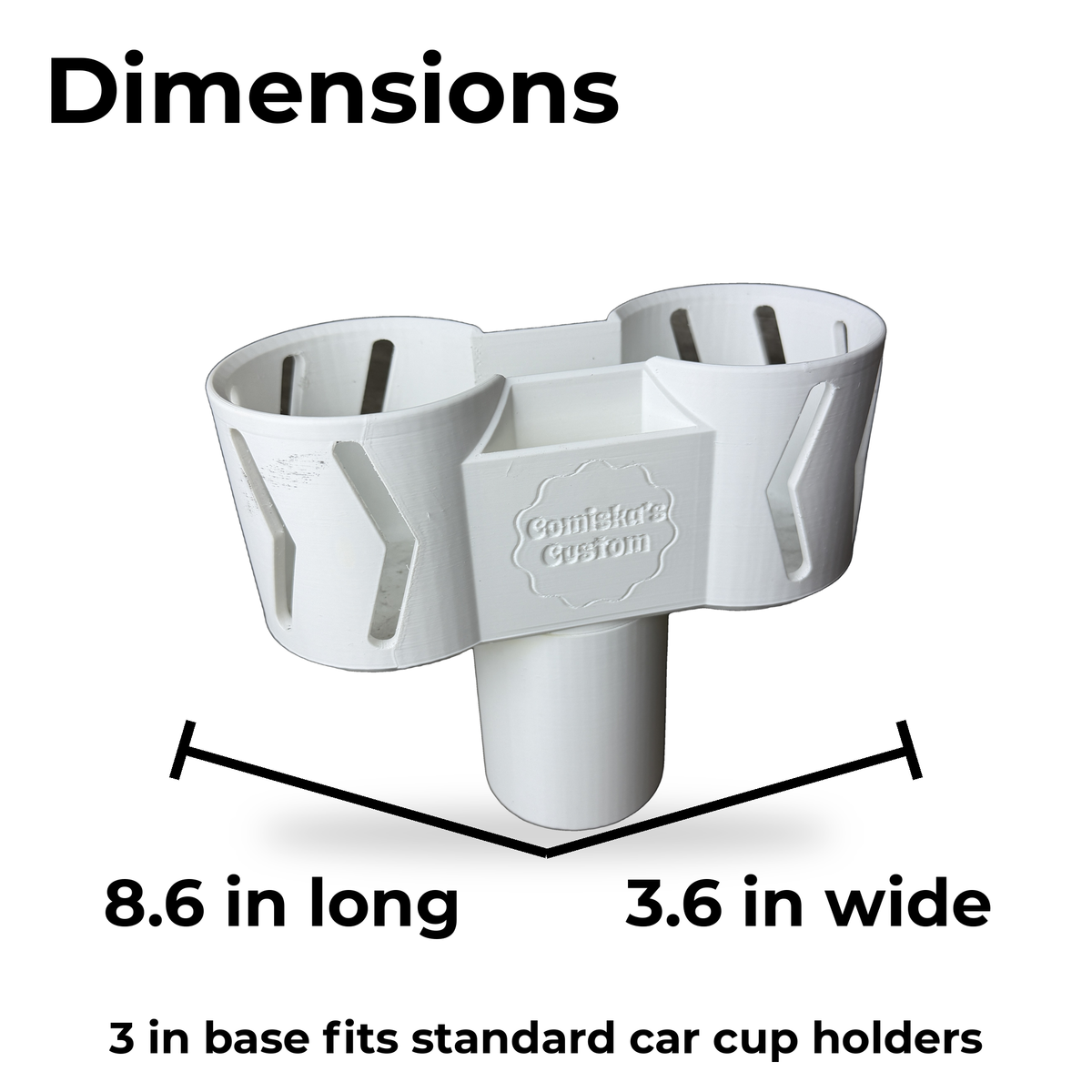 Dual car cup holder expander dimensions: 8.6 inches long, 3.6 inches wide, 3 inch base