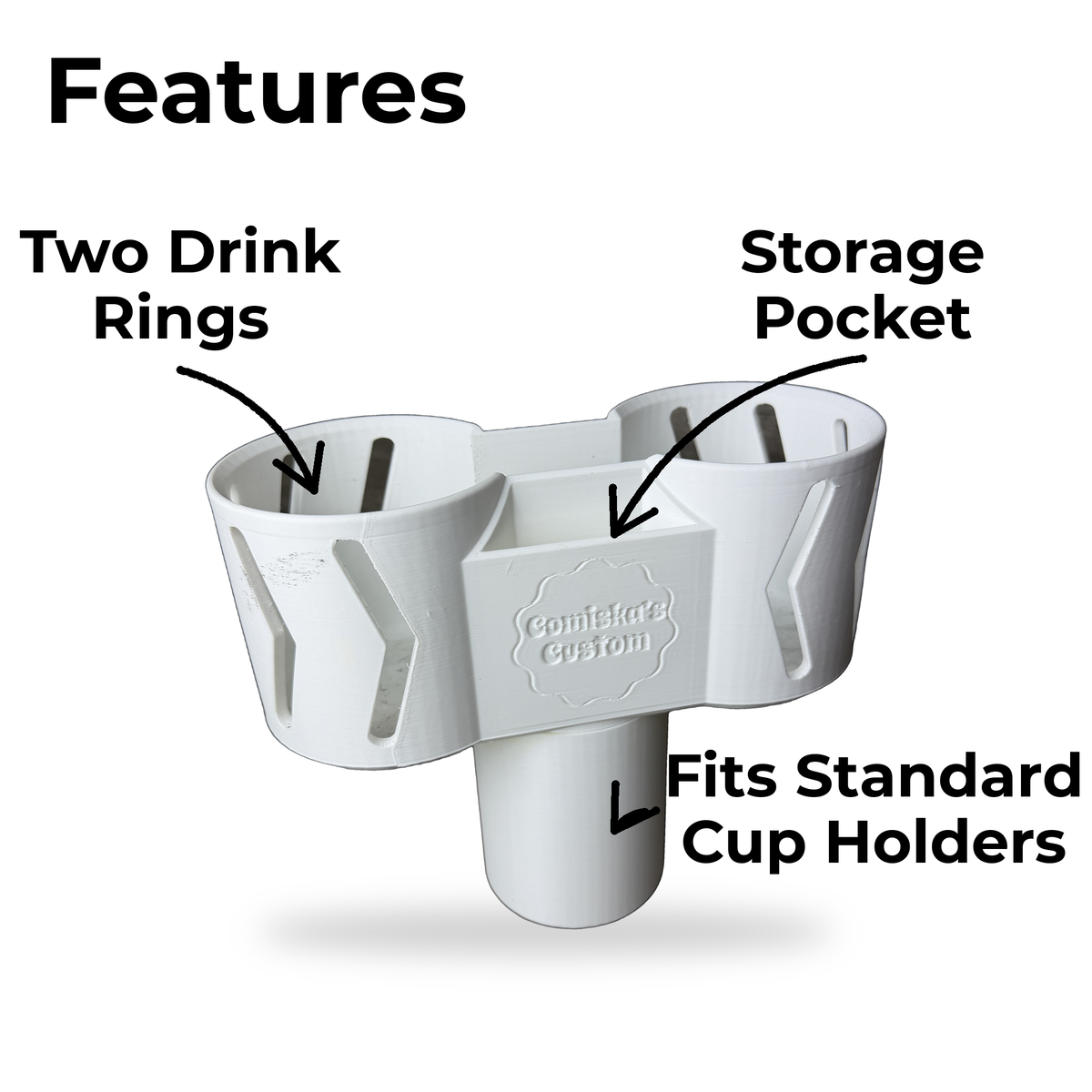 Dual car cup holder expander features: two drink rings, storage pocket, fits standard cup holders