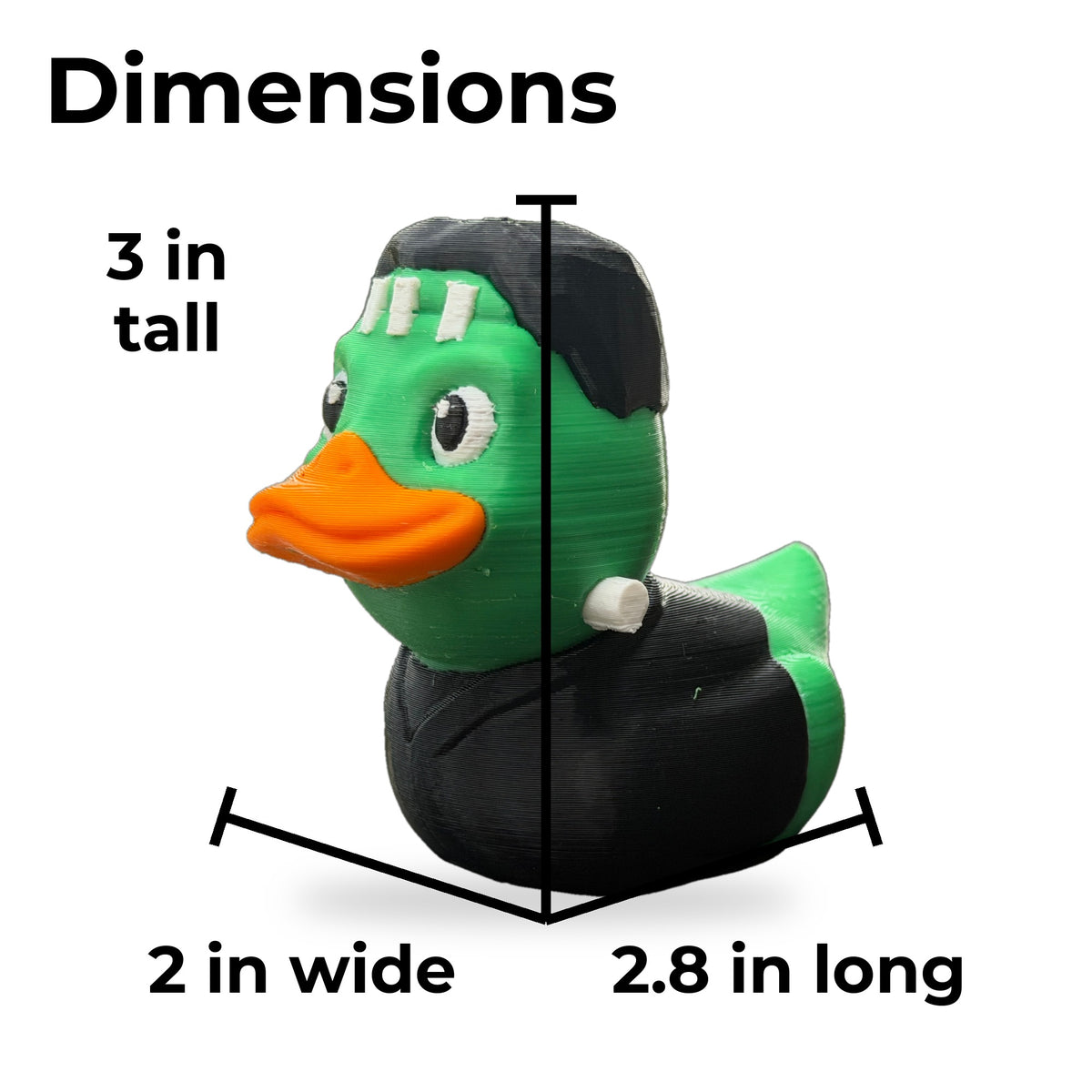 Franken-Duck Halloween Decor dimensions: 3 inches tall, 2.8 inches long, 2 inches wide