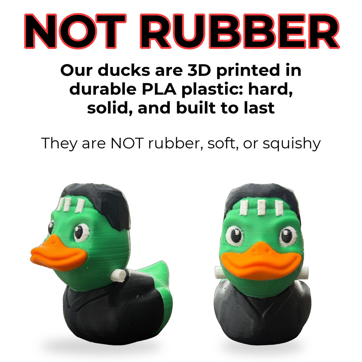 Franken-Duck Halloween Decor is hard PLA plastic, not rubber
