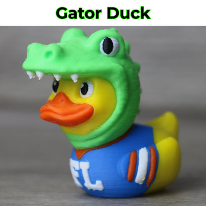 Gator Duck 3D printed figurine in orange and blue with an alligator hood