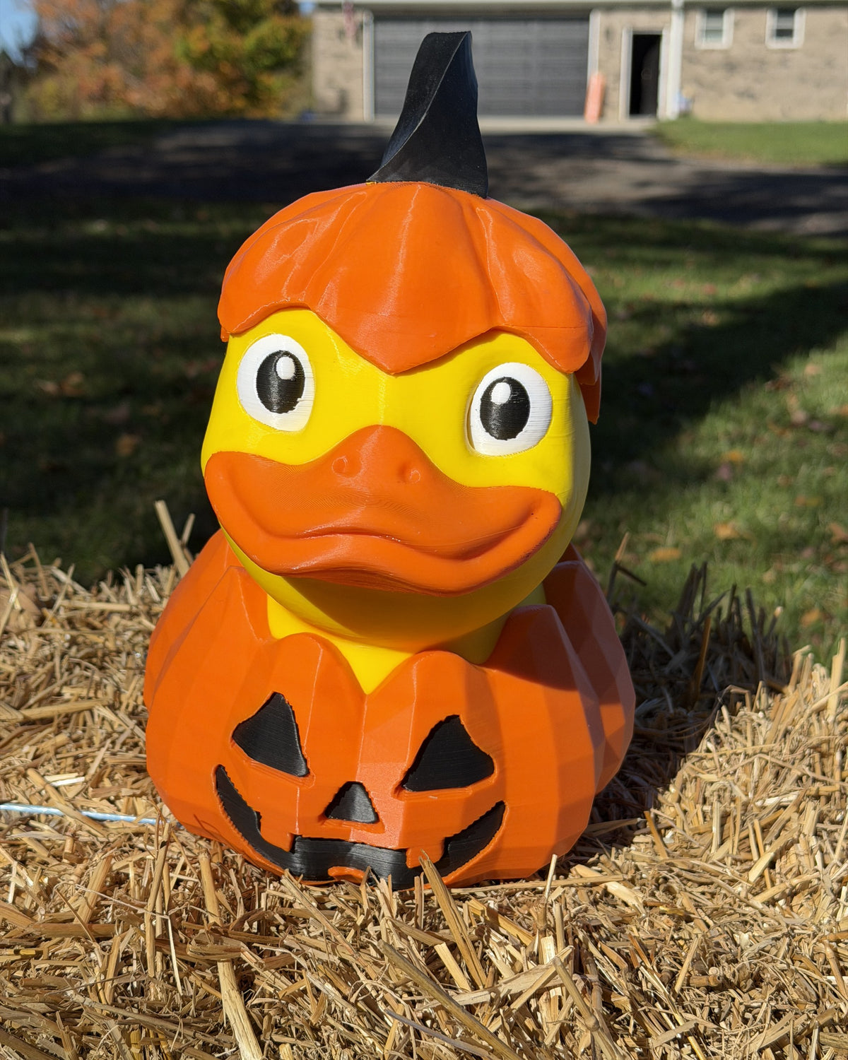 Giant Jack O Lantern Duck 12 inch 3D printed Halloween decor, outdoor photo