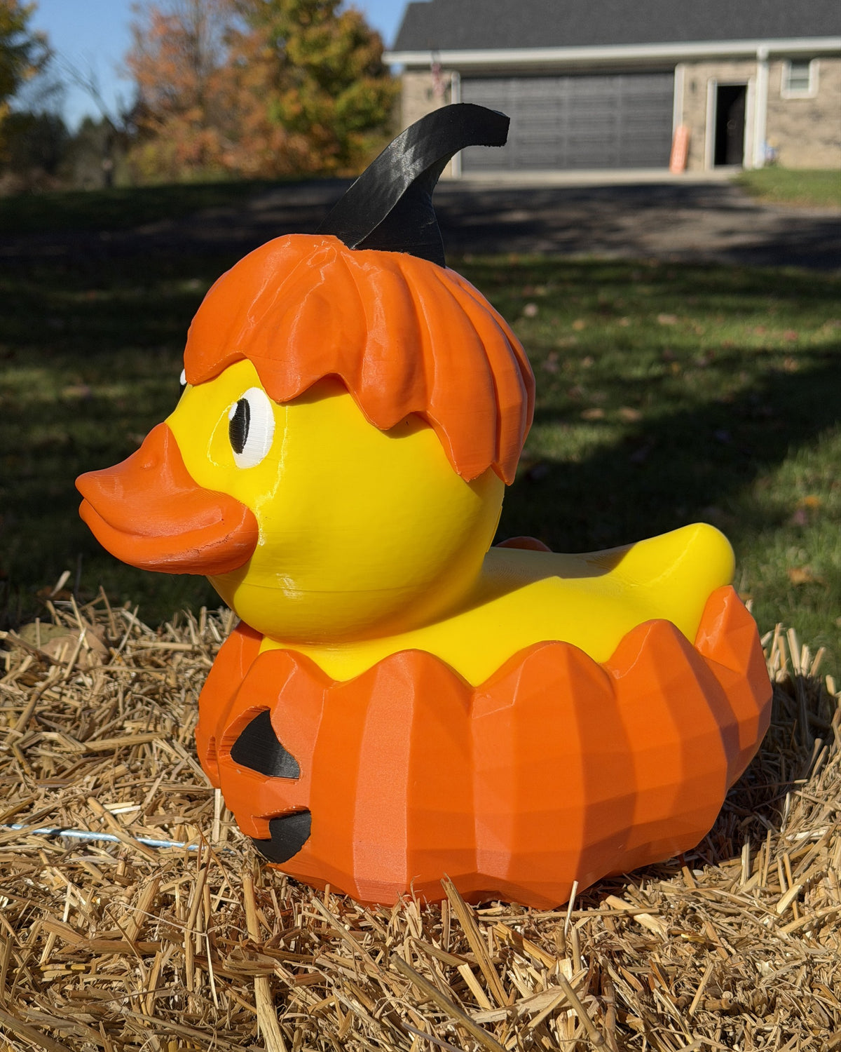 Giant Jack O Lantern Duck 12 inch 3D printed Halloween decor, outdoor photo