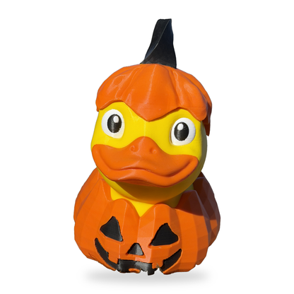 Giant Jack O Lantern Duck 12 inch 3D printed Halloween decor on a white background