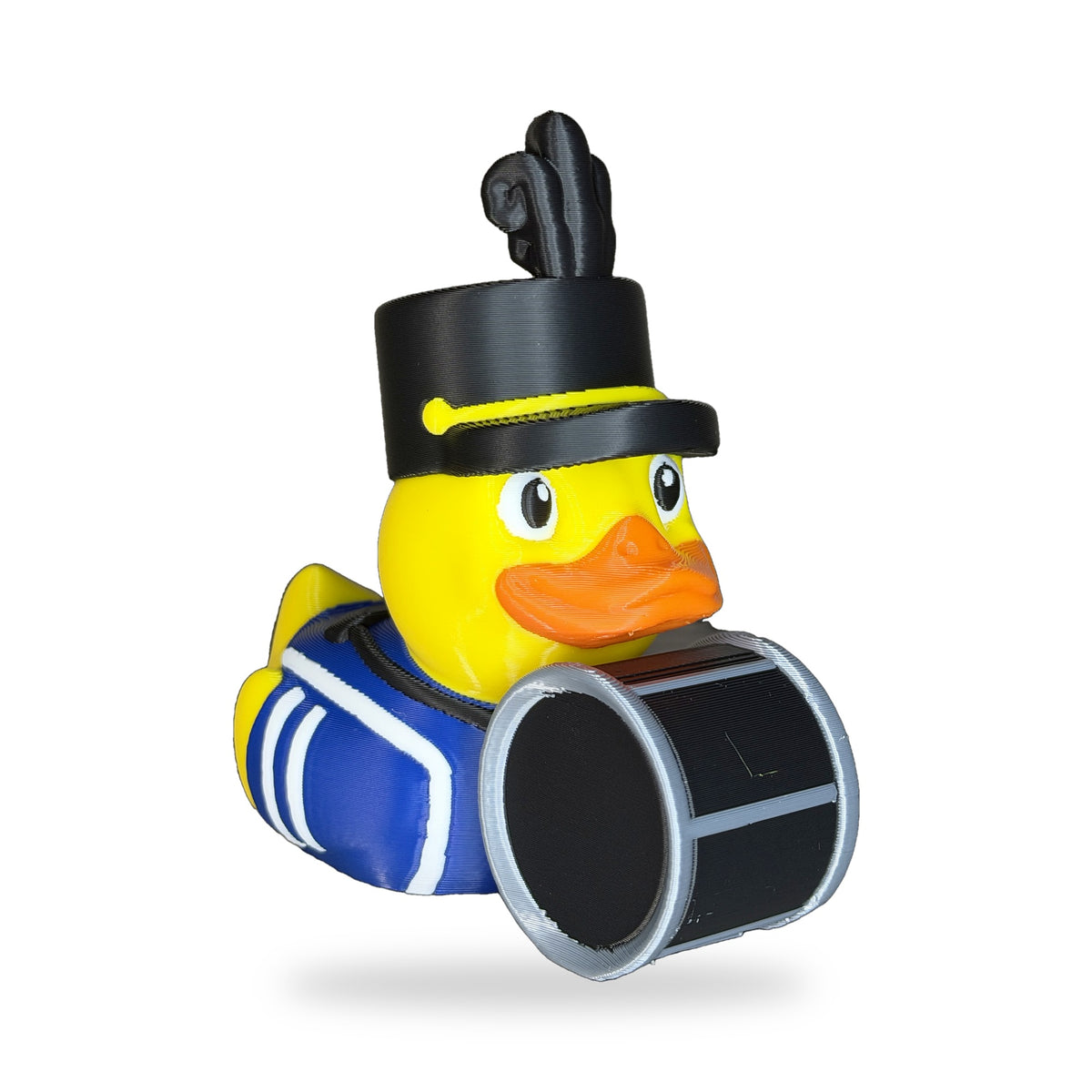 Band Drummer Duck 3D printed marching band duck with plumed hat and bass drum on a white background
