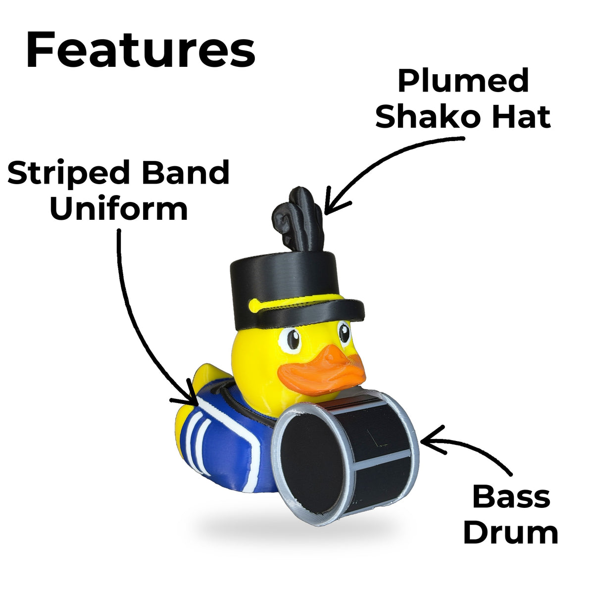 Band Drummer Duck features: plumed shako hat, striped band uniform, bass drum