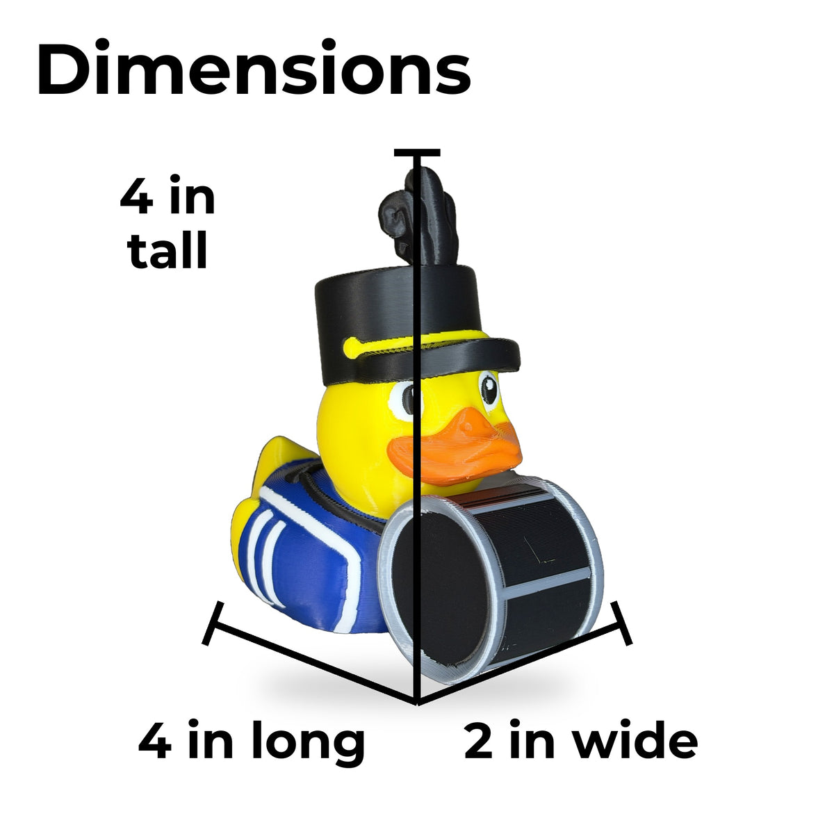 Band Drummer Duck dimensions: 4 inches tall, 4 inches long, 2 inches wide