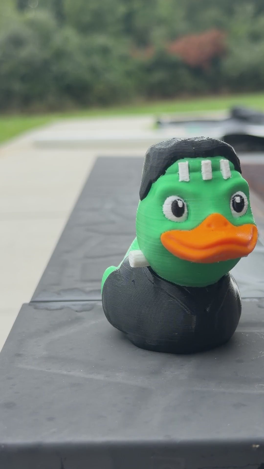 Franken-Duck figurine outdoors, slow turn around the duck