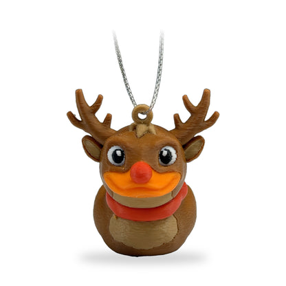 Mini 3D printed reindeer duck ornament on white: brown duck with antlers, red nose, orange bill and red scarf, hanging from a silver string