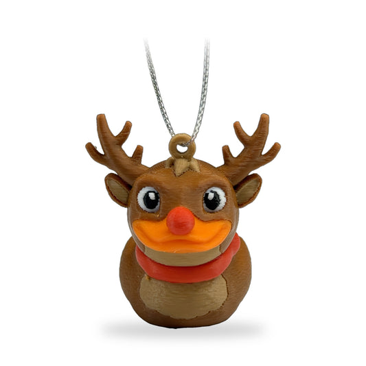 Mini 3D printed reindeer duck ornament on white: brown duck with antlers, red nose, orange bill and red scarf, hanging from a silver string