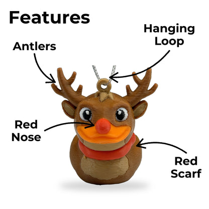 Features of the reindeer duck ornament: antlers, hanging loop on the head, red nose and red scarf