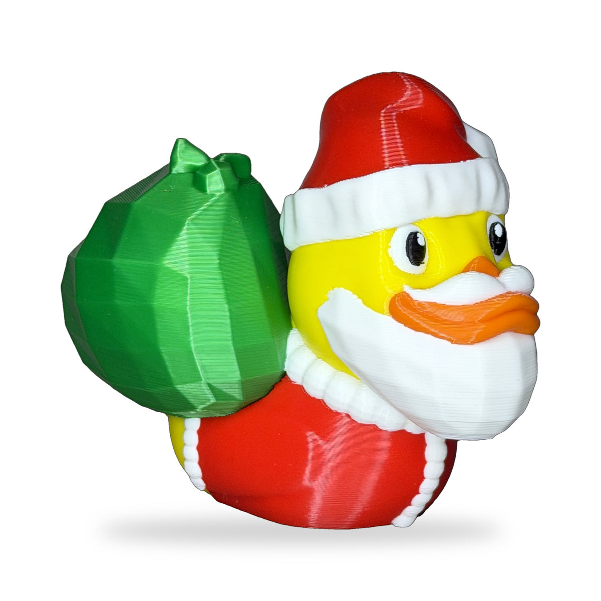 Santa Duck 3D printed figurine with red Santa hat, white beard and green gift sack on a white background