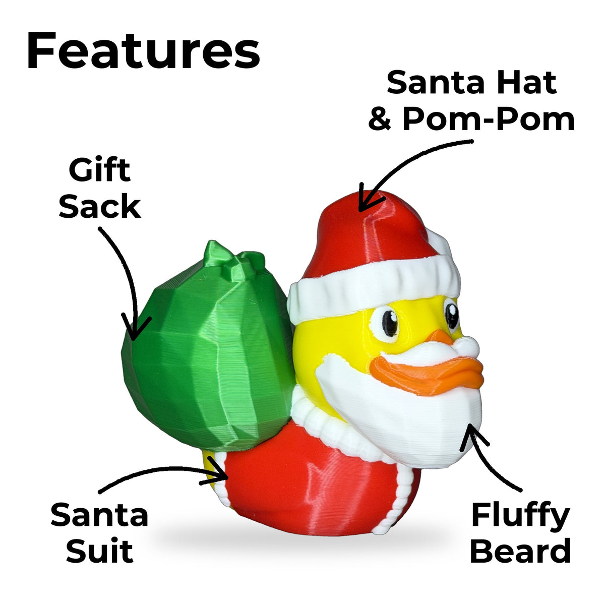 Santa Duck features: Santa hat with pom-pom, gift sack, fluffy beard and Santa suit