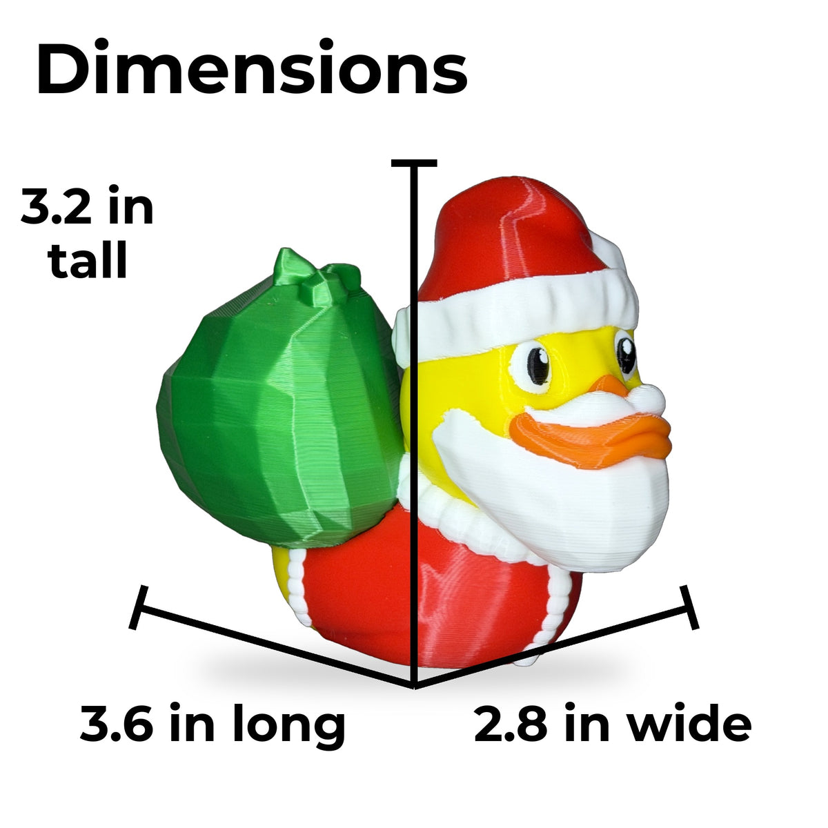 Santa Duck dimensions: 3.2 inches tall, 3.6 inches long, 2.8 inches wide