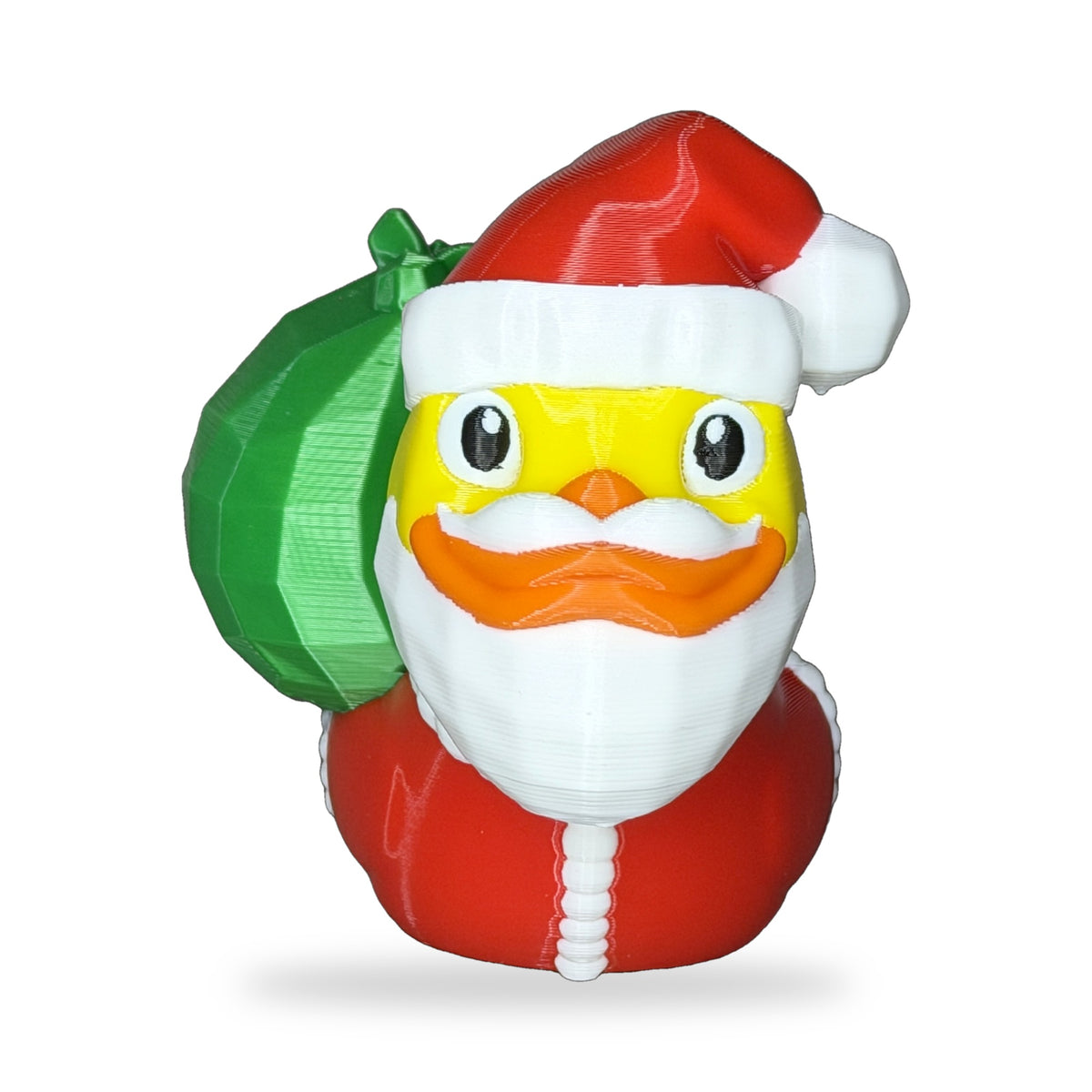 Front view of the Santa Duck showing its face, orange bill and white beard