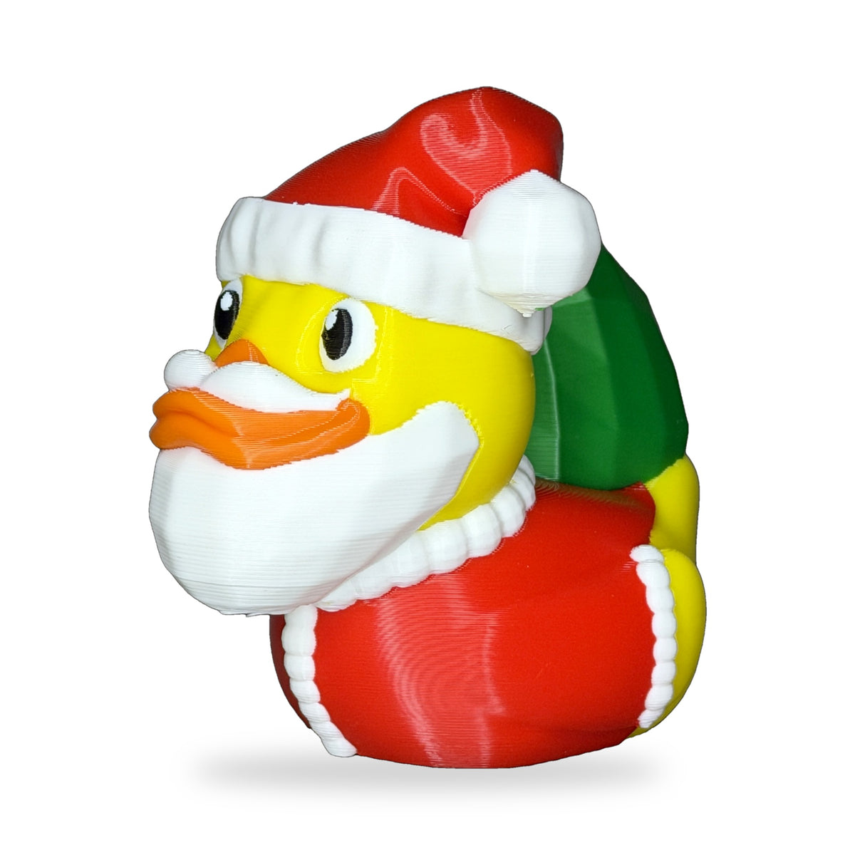 Left side of the Santa Duck with the white beard and gift sack behind