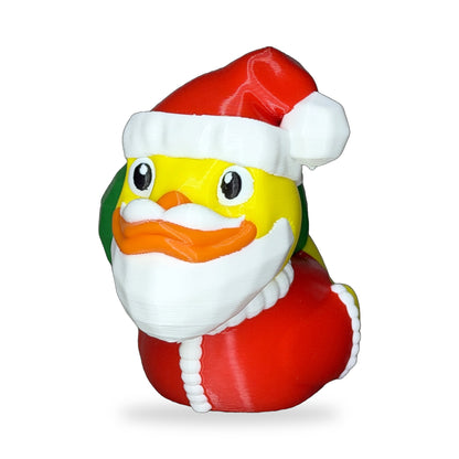 Three-quarter view of the Santa Duck in its red suit with white fur trim
