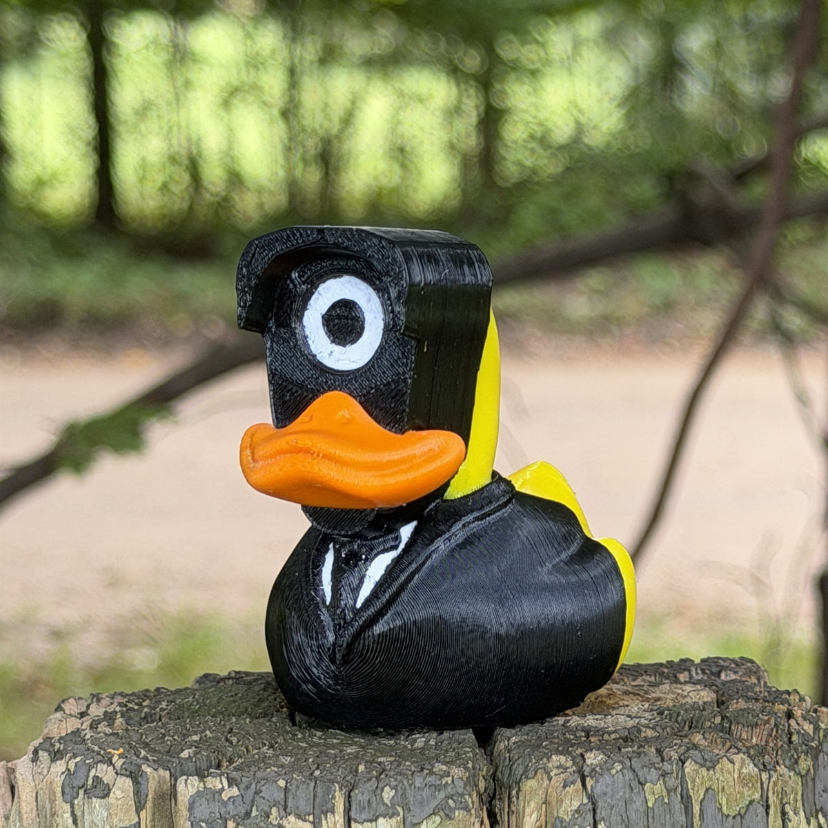 Spy Duck angled front view on wooden post